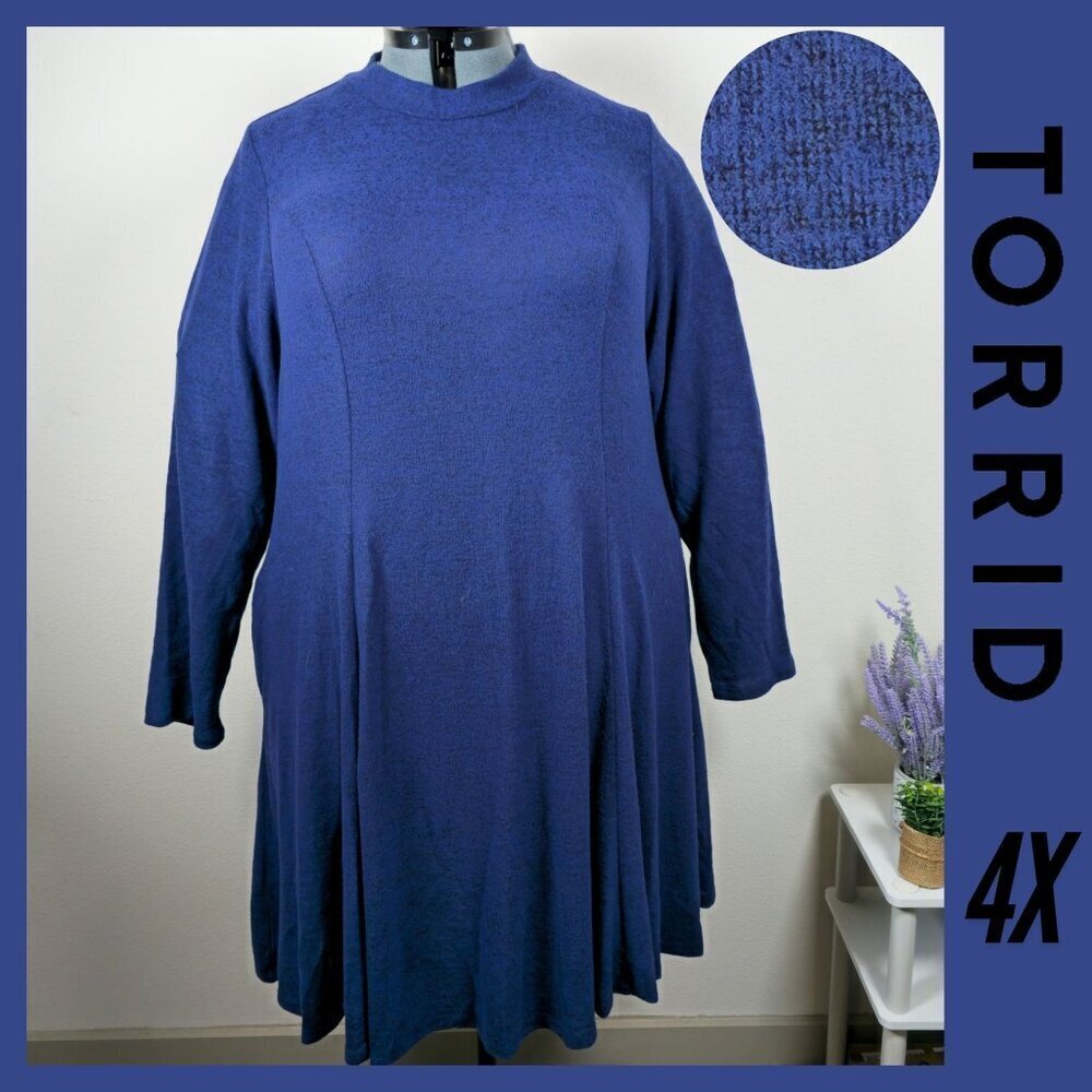Hacci Knit Fit 'n' Flare Dress In Blue Long Sleeve Size 4X